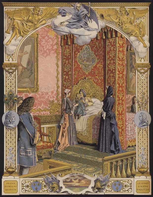 O moribundo rei Luís XIV abraçando o jovem Luís XV pela última vez de Maurice Leloir