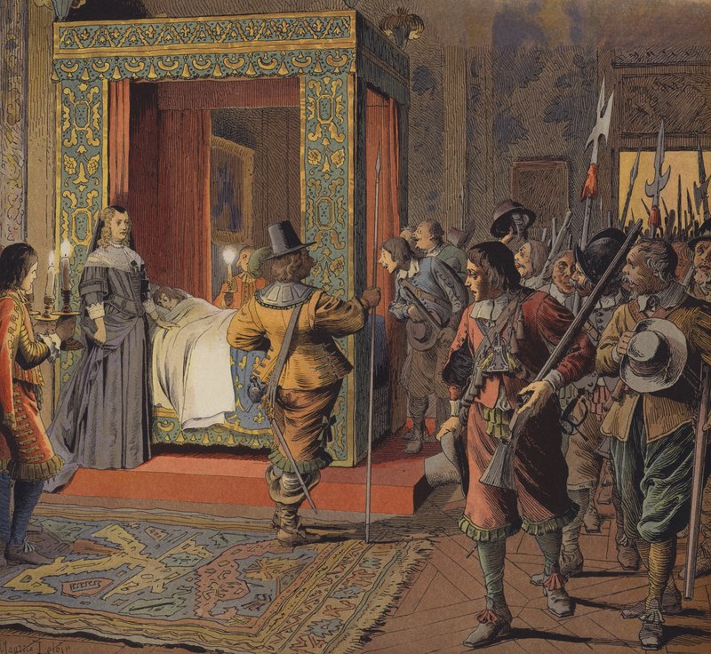 Na noite de 9 de fevereiro de 1651, a milícia passou pelo leito do jovem Luís XIV de Maurice Leloir