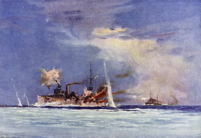 HMAS Sydney, comandada pelo Capitão John Glossop, atacando o cruzador alemão Emden, Batalha de Cocos, 9 de novembro de 1914 de Maurice Randall