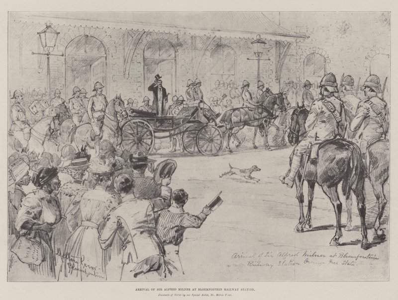 Chegada de Sir Alfred Milner na estação ferroviária de Bloemfontein de Melton Prior