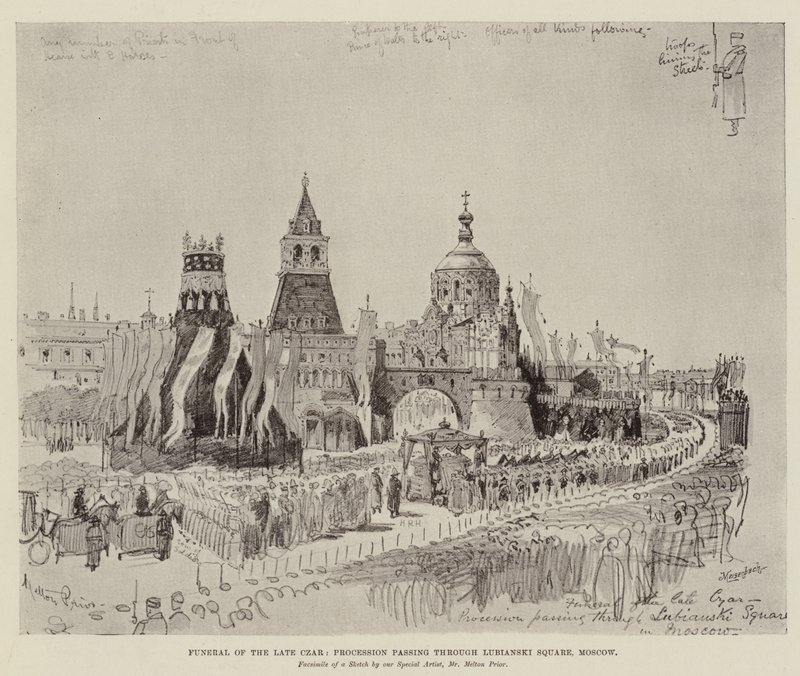 Funeral do czar atrasado, procissão, passando por Lubianski Square, Moscou de Melton Prior