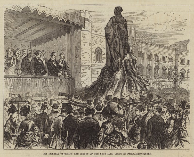 Sr. Disraeli desvelando a estátua do falecido Lord Derby no Parlamento-Square de Melton Prior