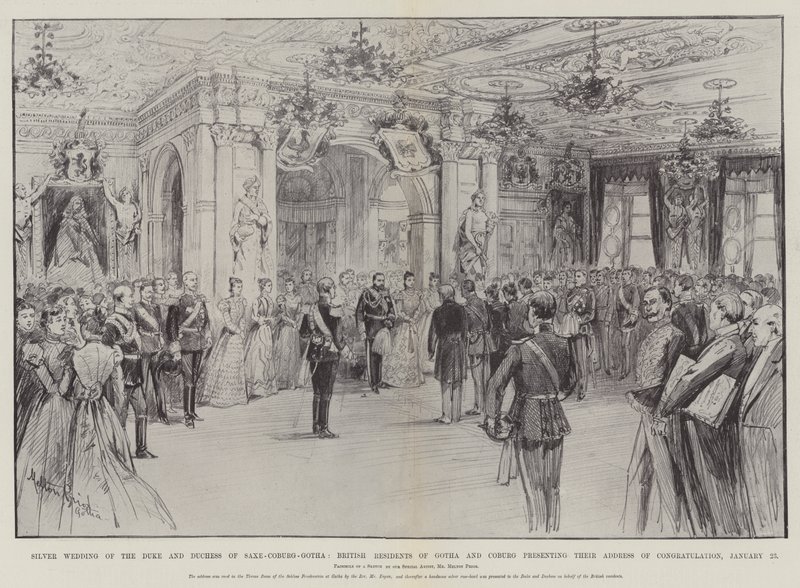 Casamento de prata do Duque e da Duquesa de Saxe-Coburg-Gotha, residentes britânicos de Gotha e Coburg apresentando seu discurso de felicitações, 23 de janeiro de Melton Prior