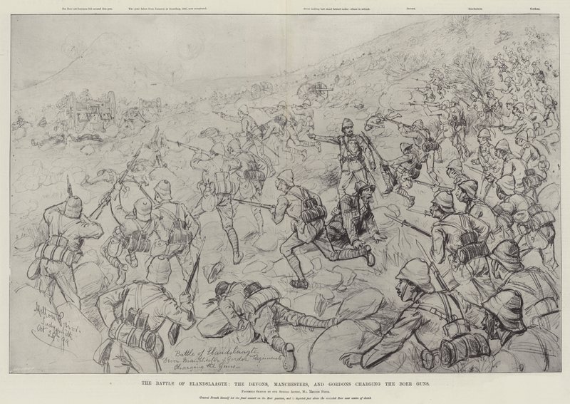 A Batalha de Elandslaagte, os Devons, Manchesters e Gordons atacando os Boer Guns de Melton Prior