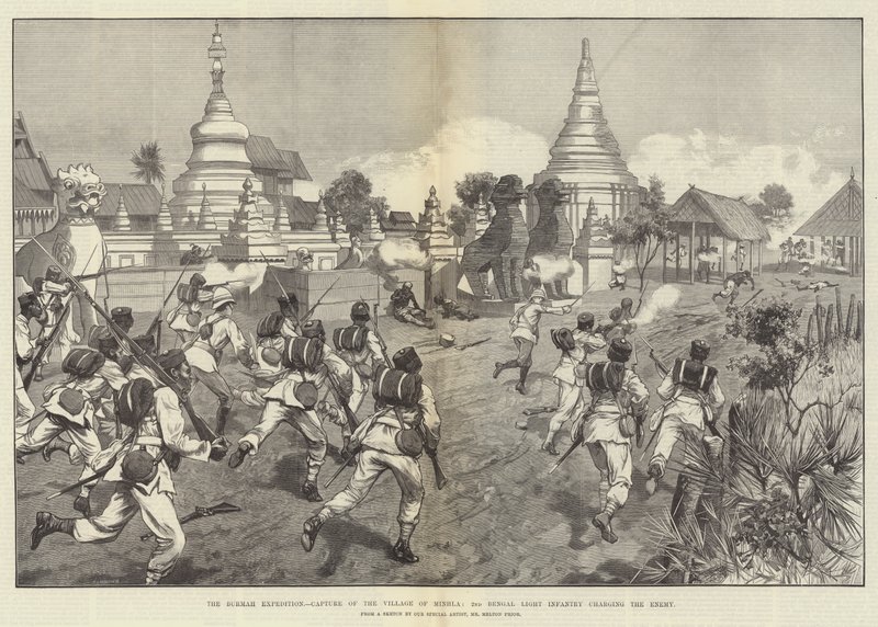 A Expedição de Burmah, Captura da Aldeia de Minhla, 2ª Infantaria de Bengala Ligeira atacando o Inimigo de Melton Prior
