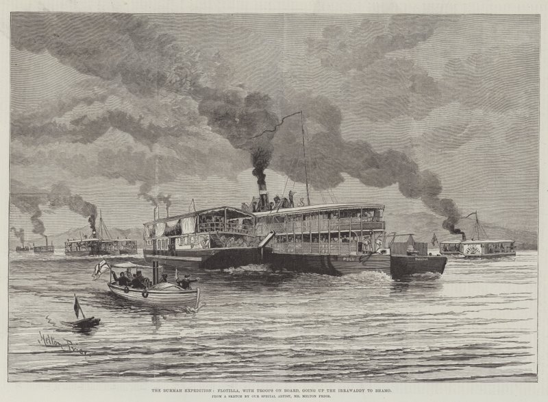 A expedição de Burmah, Flotilla, com tropas a bordo, subindo o Irrawaddy para Bhamo de Melton Prior