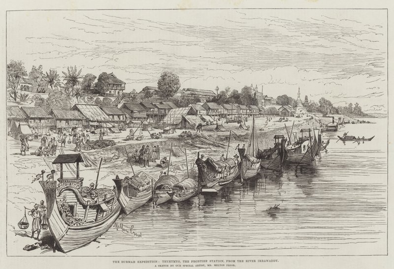 A expedição de Burmah, Thyetmyo, a estação da fronteira, do rio Irrawaddy de Melton Prior