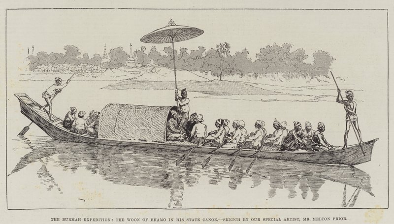 A expedição de Burmah, o Woon de Bhamo em sua canoa do estado de Melton Prior