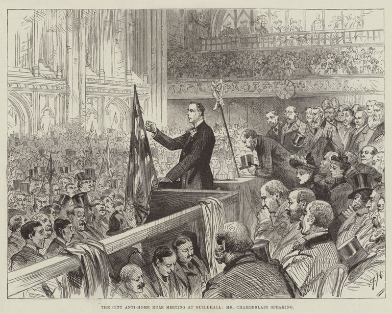 A Reunião da Regra Anti-Home da Cidade em Guildhall, o Sr. Chamberlain falando de Melton Prior