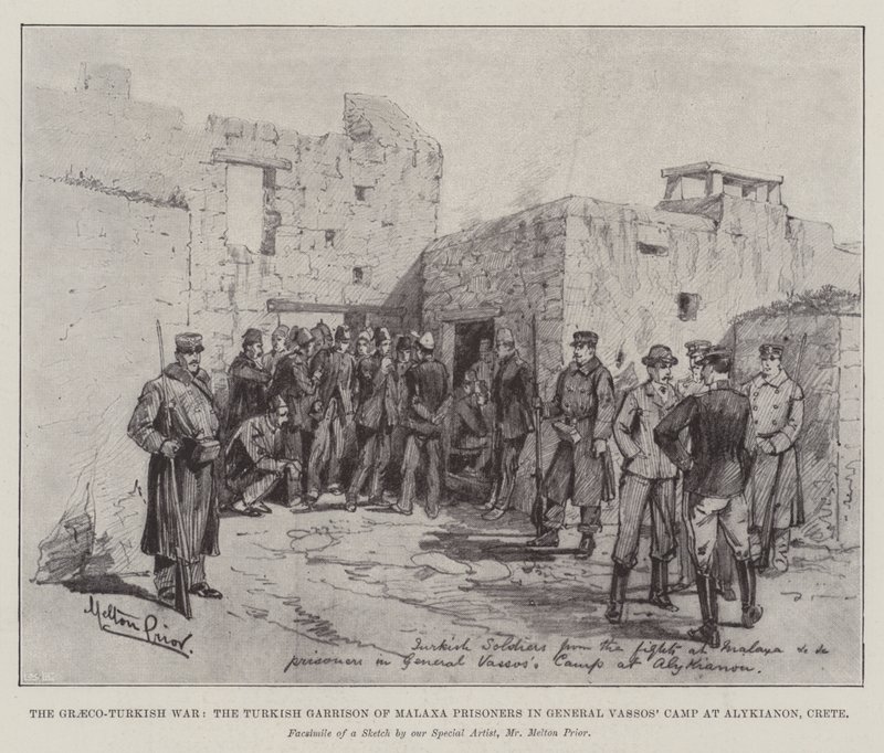 A guerra greco-turca, a guarnição turca de prisioneiros de Malaxa no acampamento do general Vassos em Alykianon, Creta de Melton Prior