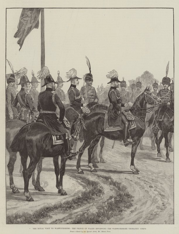 Visita Real a Warwickshire, o Príncipe de Gales, revendo o Corpo de Yeomanry de Warwickshire de Melton Prior