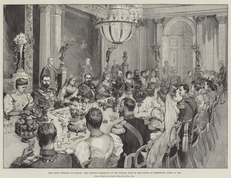 O casamento real em Coburg, o café da manhã do casamento na sala do trono do Castelo de Ehrenburg, 19 de abril de 1894 de Melton Prior