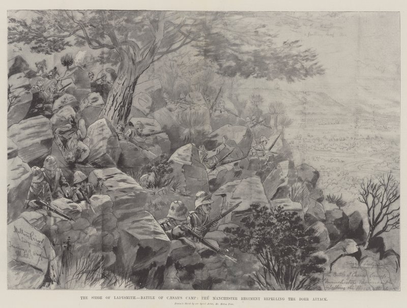 O Cerco de Ladysmith, Batalha do Acampamento de César, o Regimento de Manchester repelindo o Ataque dos Boers de Melton Prior