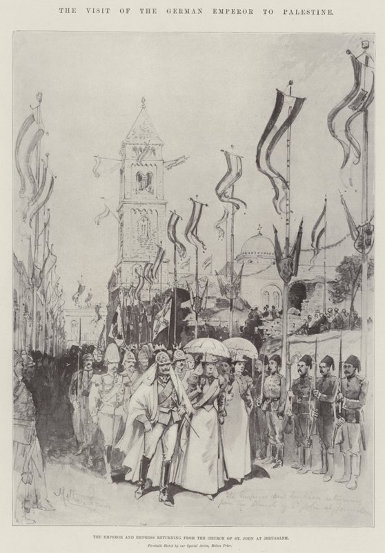 A visita do imperador alemão à Palestina, o Imperador e a Imperatriz retornando da Igreja de São João em Jerusalém de Melton Prior