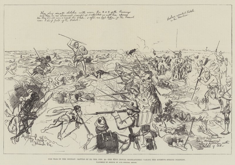A Guerra no Sudão, Batalha de El Teb, 29 de fevereiro, a 42ª (Highlanders Reais) tomando a forte posição do Inimigo de Melton Prior
