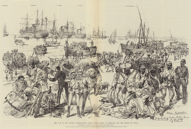 A guerra no Sudão, desembarcando a força de Baker Pasha em Trinkitat para o alívio de Tokar de Melton Prior