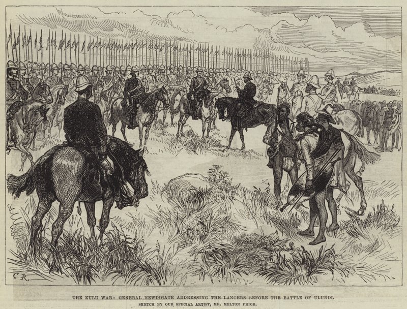 A Guerra Zulu, General Newdigate, abordando os lanceiros antes da Batalha de Ulundi de Melton Prior