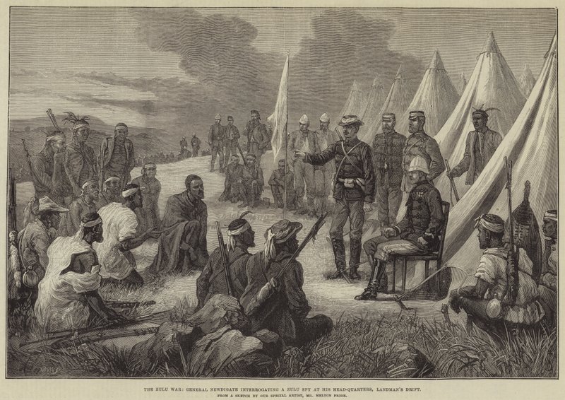 A Guerra Zulu, General Newdigate interrogando um espião Zulu em seu quartel-general, Landman&39;s Drift de Melton Prior