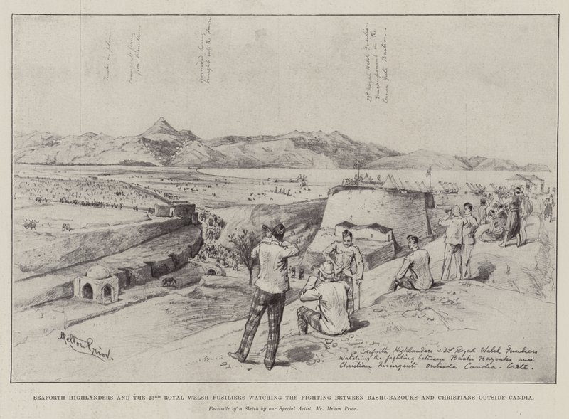 Seaforth Highlanders e os 23º Royal Welsh Fusiliers assistindo a luta entre os Bashi-Bazouks e os cristãos fora de Candia de Melton Prior