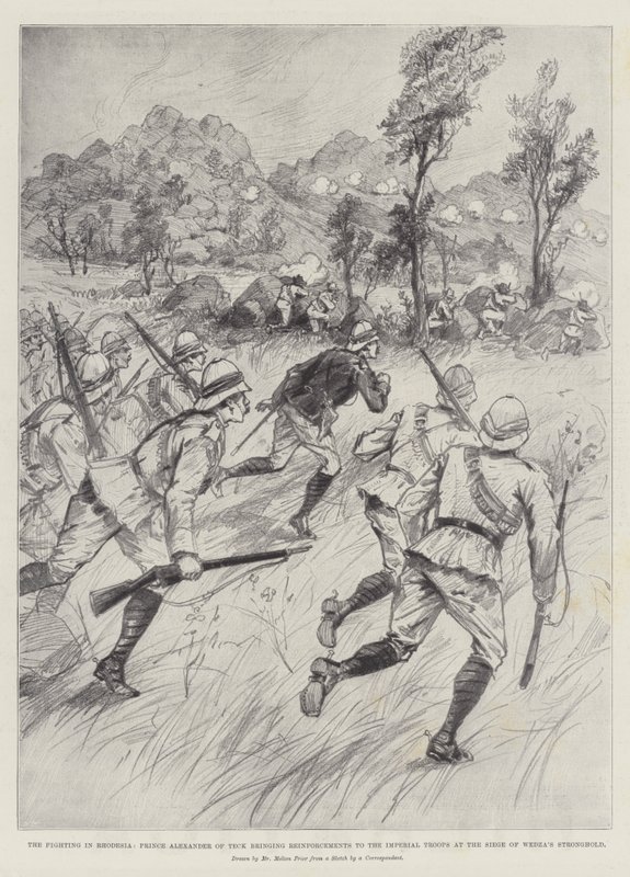 O combate na Rodésia, o príncipe Alexandre de Teck trazendo reforços para as tropas imperiais no cerco da fortaleza de Wedza de Melton Prior