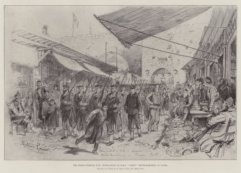 A Guerra Greco-Turca, Casacos-azuis de HMS Anson Rota-Marcha em Canea de Melton Prior