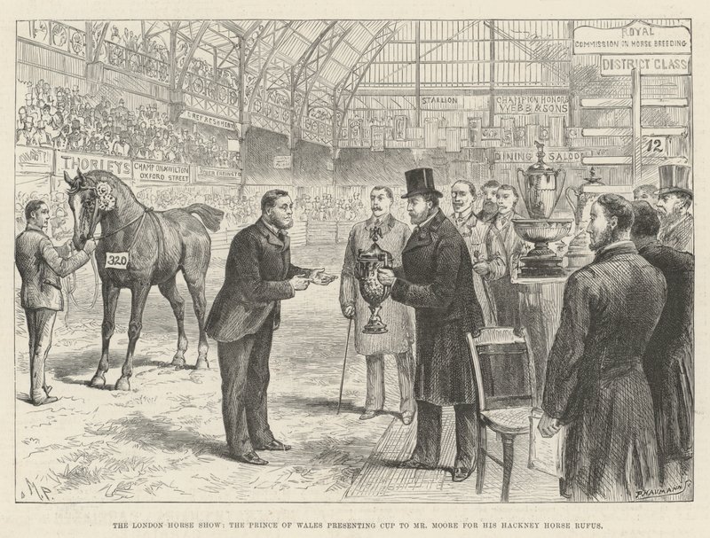 O London Horse Show, o Príncipe de Gales, apresentando Taça ao Sr. Moore por seu Hackney Horse Rufus de Melton Prior