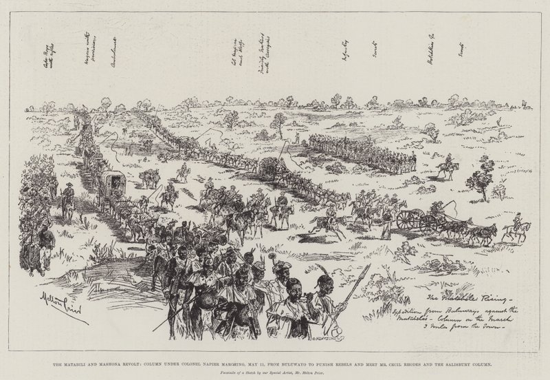 A Revolta de Matabili e Mashona, Coluna sob o Coronel Napier marchando, 11 de maio, de Buluwayo para punir os rebeldes e encontrar-se com o Sr. Cecil Rhodes e a Coluna de Salisbury de Melton Prior