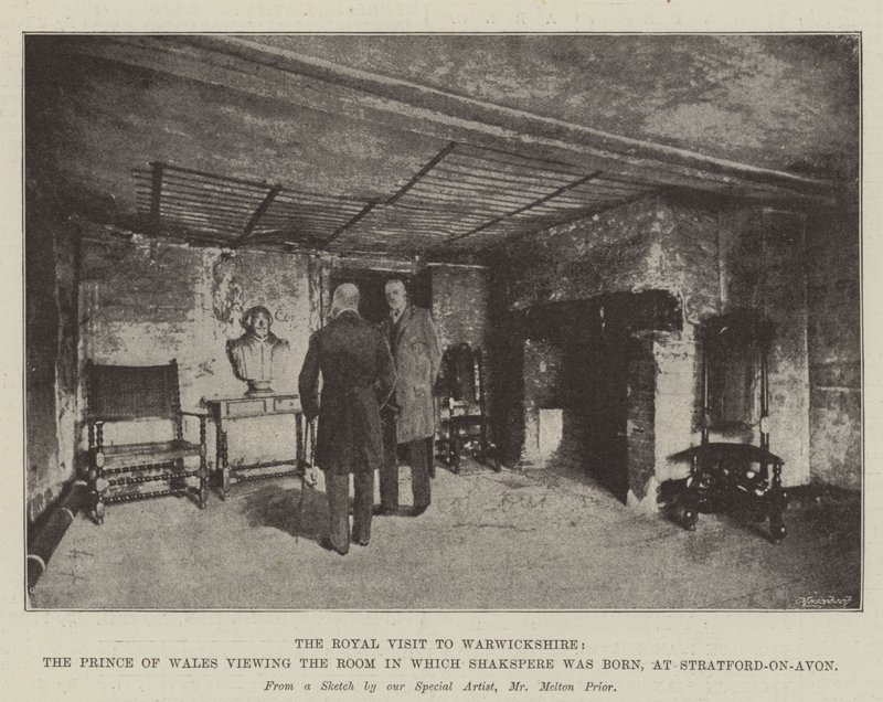 Visita Real a Warwickshire, o Príncipe de Gales, na sala em que Shakspere nasceu, em Stratford-on-Avon de Melton Prior