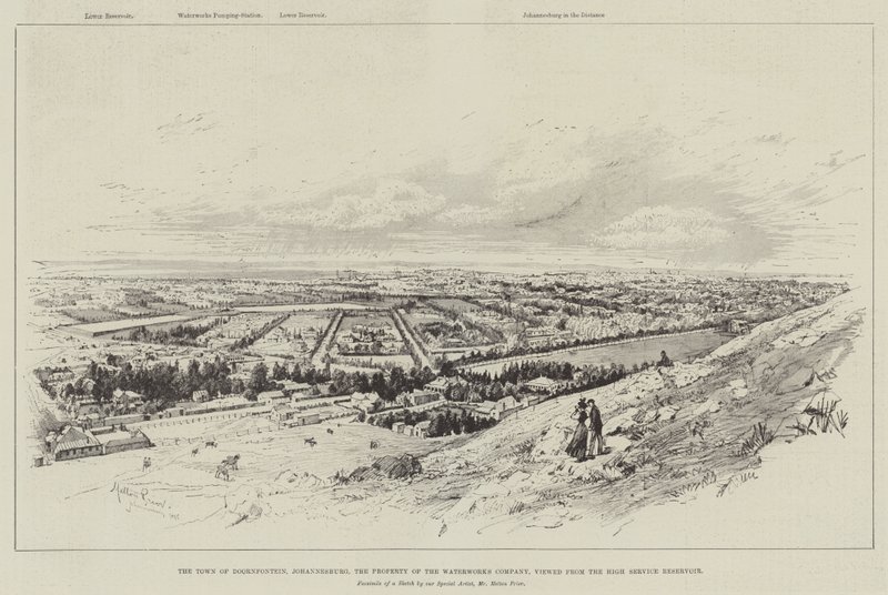 A cidade de Doornfontein, Joanesburgo, a propriedade da empresa de distribuição de água, vista do reservatório de serviço de alta de Melton Prior