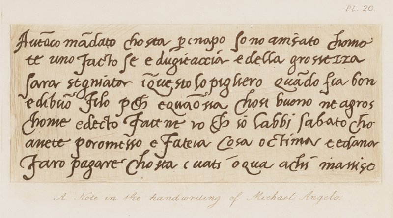 Uma nota na caligrafia de Miguel Ângelo (gravura) de Michelangelo (after) Buonarroti