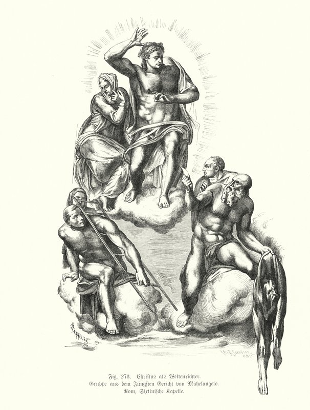 Cristo Juiz, detalhe do Juízo Final de Miguel Ângelo, pintura na parede do altar da Capela Sistina, Basílica de São Pedro, Roma, Itália (gravura) de Michelangelo (after) Buonarroti