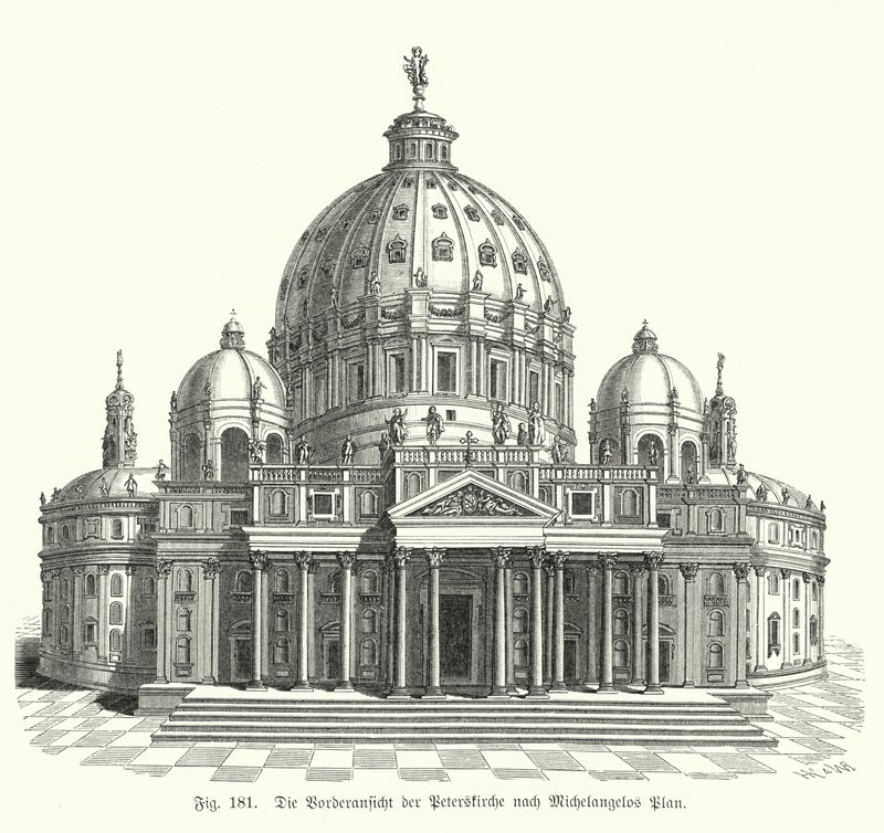 Vista do desenho de Miguel Ângelo para a fachada da Basílica de São Pedro, Roma, Itália (gravura) de Michelangelo (after) Buonarroti