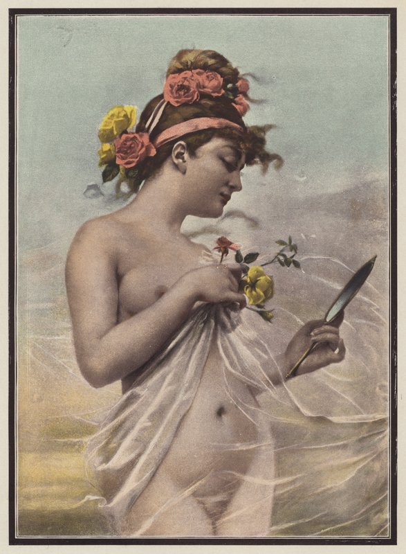 A manhã, mulher com um espelho (cor litho) de Mieczyslaw Reyzner