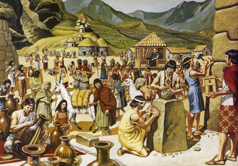 Vida quotidiana numa comunidade inca (litografia a cores) de Mike (20th century) White