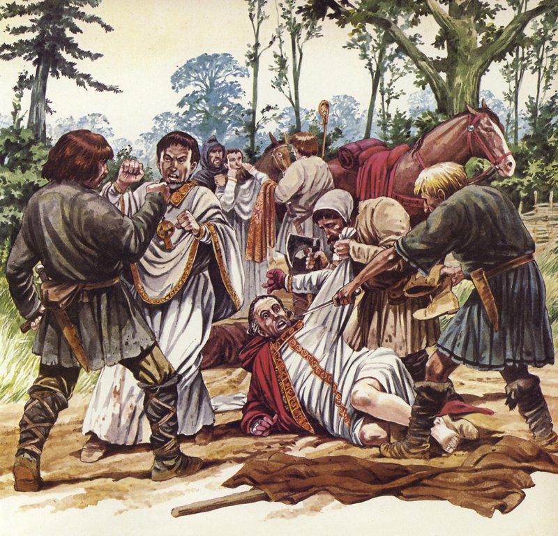 O Arcebispo de Cantuária a ser assaltado durante uma viagem no conturbado reinado do Rei Estêvão. (litografia a cores) de Mike (20th century) White
