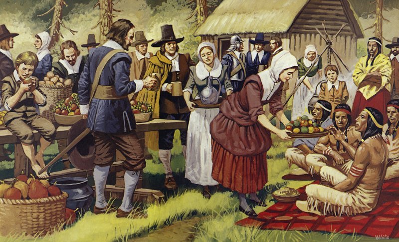A Primeira Ação de Graças em 1621, um ano depois de os Pais Peregrinos terem deixado o Velho Mundo (litografia a cores) de Mike (20th century) White