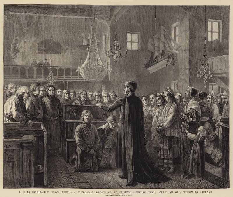 A vida na Rússia, o banco negro, um clérigo pregando para criminosos antes do exílio, um velho costume na Finlândia de Mikhail Konstantinovitch Clodt von Jurgensburg