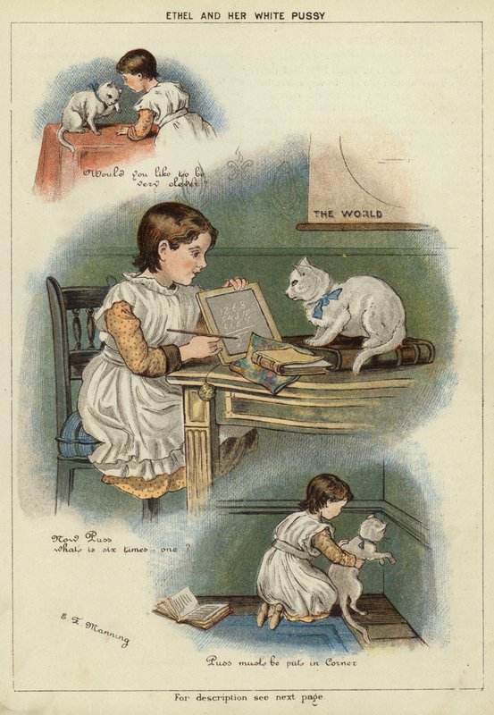 Ethel e seu gato branco (chromolitho) de Miss Eliza F. Manning