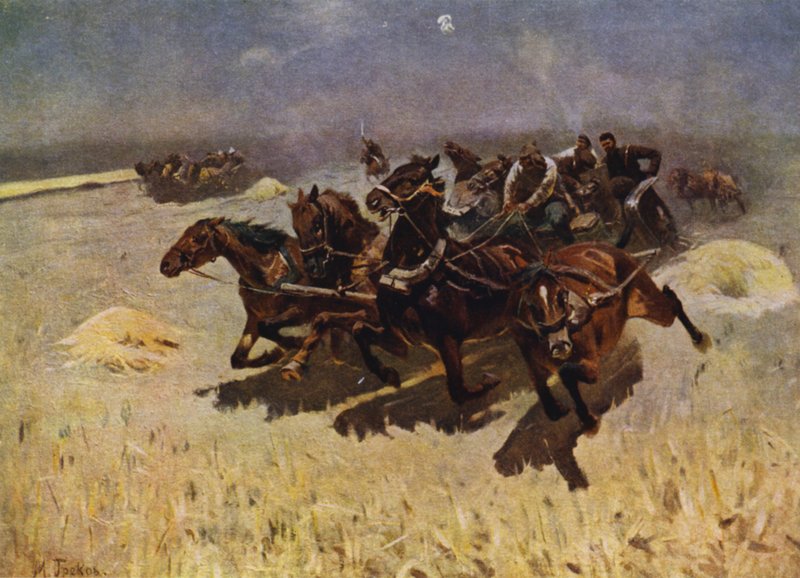 Tachanka (metralhadora montada numa carruagem puxada por cavalos) (cor litho) de Mitrofan Borisovic Grekov