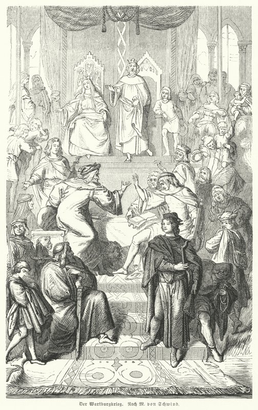 O Sangerkrieg, um concurso entre trovadores no castelo de Wartburg, na Turíngia, em 1207 (gravação) de Moritz Ludwig von (after) Schwind