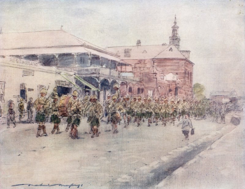 Highlanders marchando por Bloemfontein de Mortimer Ludington Menpes