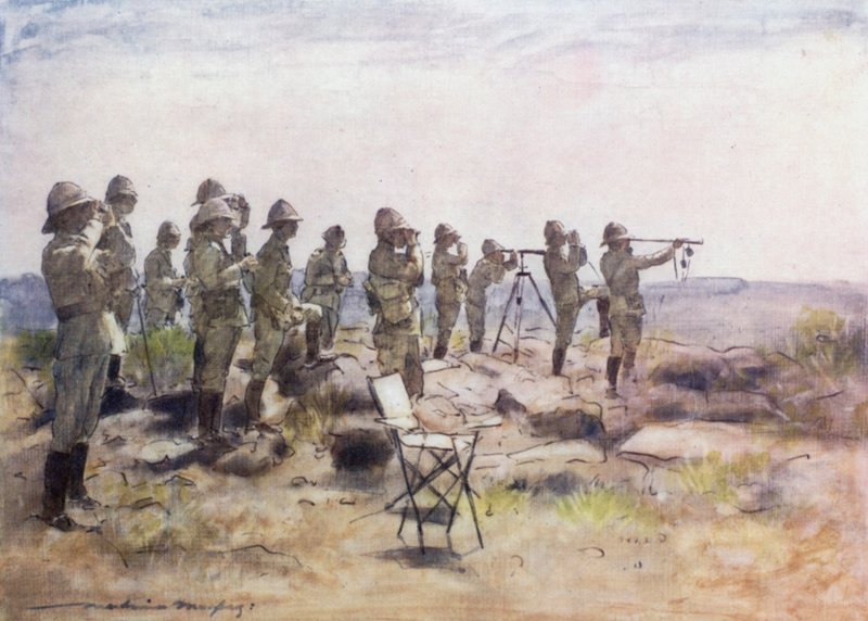 Lord Roberts e equipe assistindo a batalha de Osfontein de Mortimer Ludington Menpes