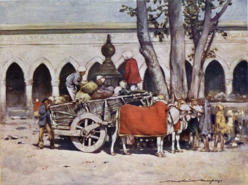 Cena, exterior, a, estação de comboios, durante, a, delhi durbar de Mortimer Ludington Menpes