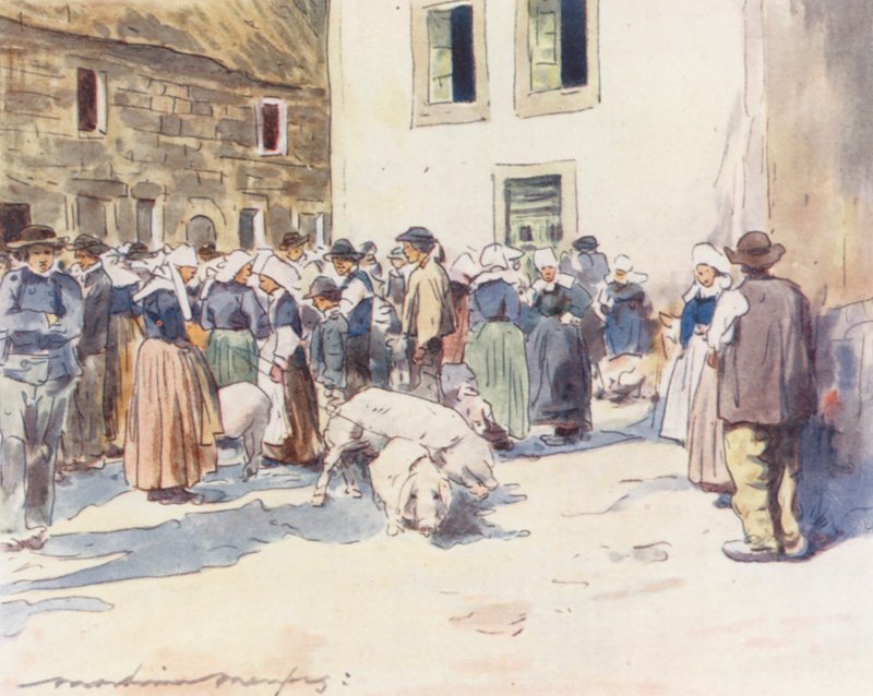 Um mercado de porcos (litografia a cores) de Mortimer Ludington Menpes
