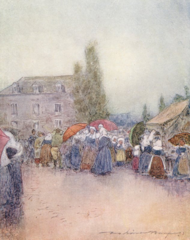 Um dia de chuva na feira (litografia a cores) de Mortimer Ludington Menpes