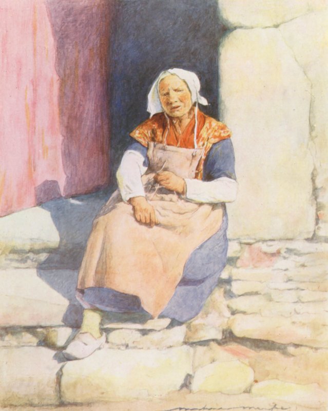 Nos degraus da casa do moinho, Pont-Aven (litografia a cores) de Mortimer Ludington Menpes
