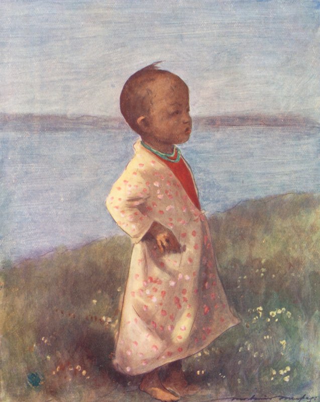 Crianças do mundo: Birmaneses, de pé, em atenção (litografia a cores) de Mortimer Ludington Menpes