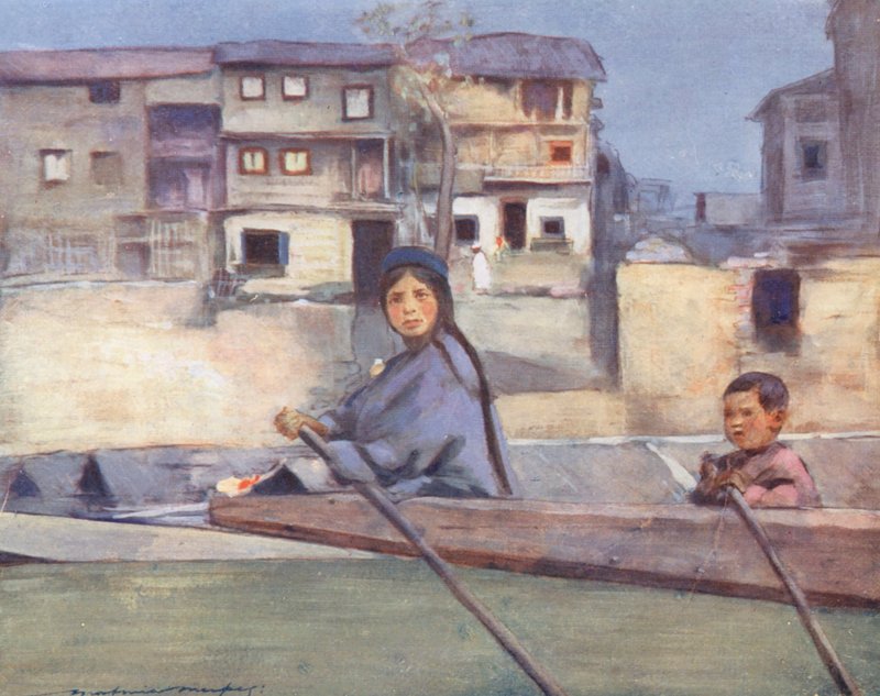 Crianças do Mundo: Cashmere, On the River Jhelum (litografia a cores) de Mortimer Ludington Menpes