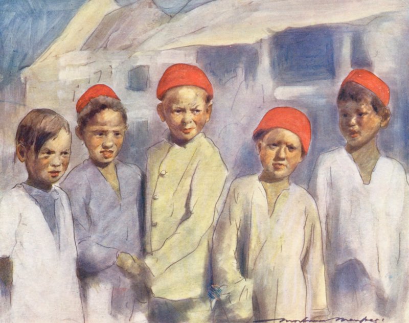 As crianças do mundo: Cingalês, a observar a corrida (litografia a cores) de Mortimer Ludington Menpes