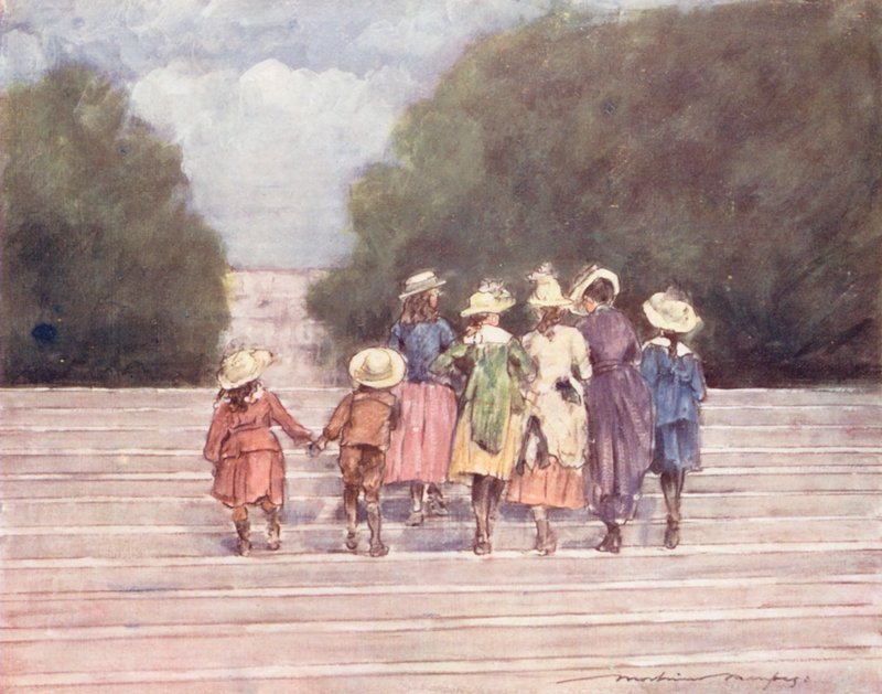 Crianças do Mundo: Francês, Nos Jardins das Tulherias (litografia a cores) de Mortimer Ludington Menpes